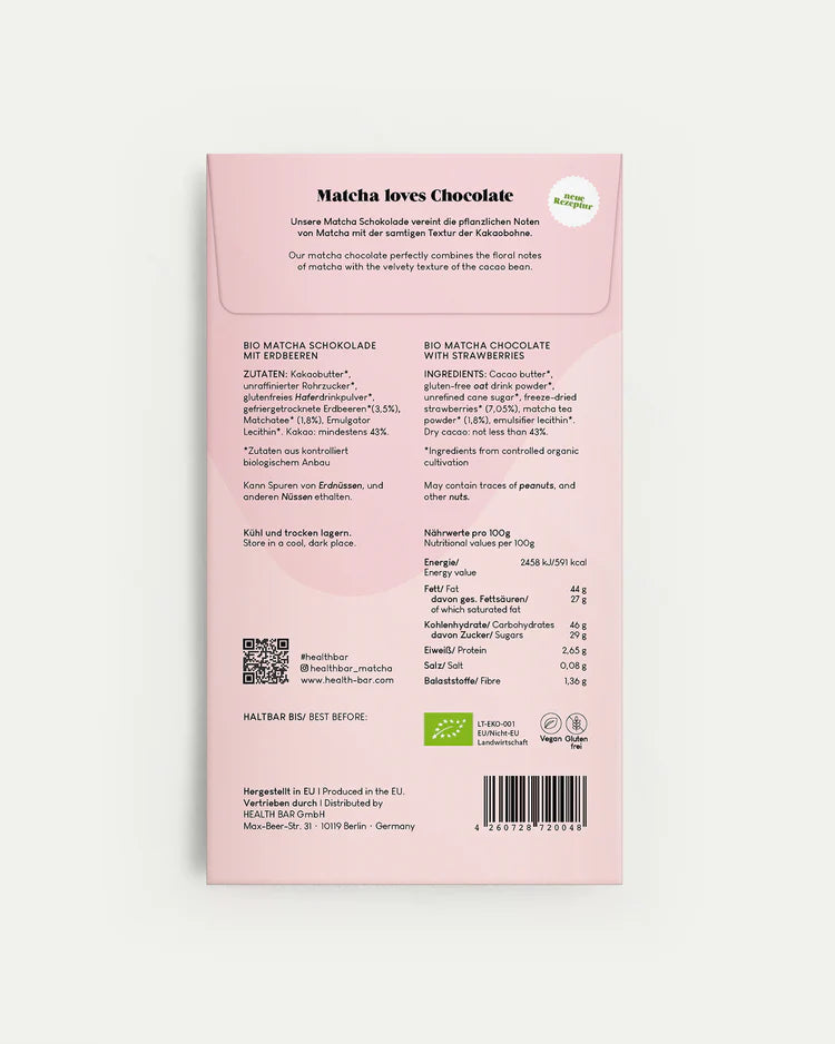 HEALTH BAR | Bio - Matcha Schokolade Strawberry 65g Tafel | Schokolade kaufen